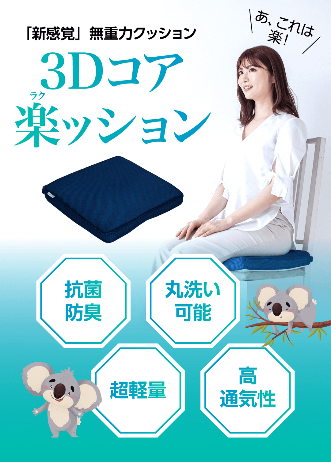 背もたれ付 】 3Dコア楽ッション お尻と腰が疲れない快適な座り
